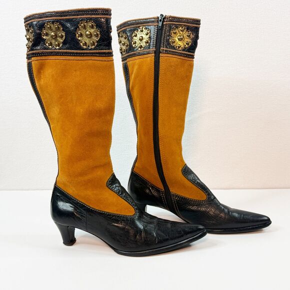 Mikala  Gold Enamel and Dark Mustard Suede Pointy Toe Kitten Heel Boots | Sz 7 B - Picture 1 of 9